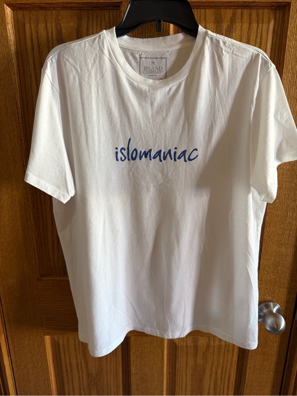 New Medium Island Company White Tee with Blue 'islomaniac' Script